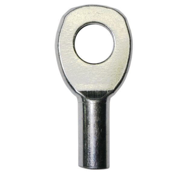 Close-up of a Gym Cable Swage Eyelet, showcasing its metallic and reflective silver finish with a circular opening for wire connections, ideal for electrical use.