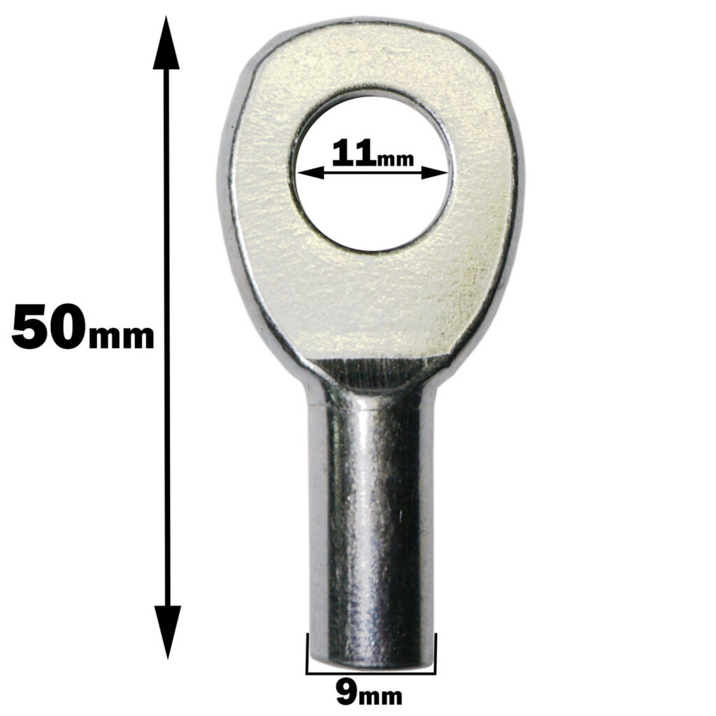 Close-up of the Gym Cable Swage Eyelet, showcasing its oval-shaped top. It measures 50mm in height, with an 11mm hole diameter and a 9mm wide base. The surface is reflective and metallic.