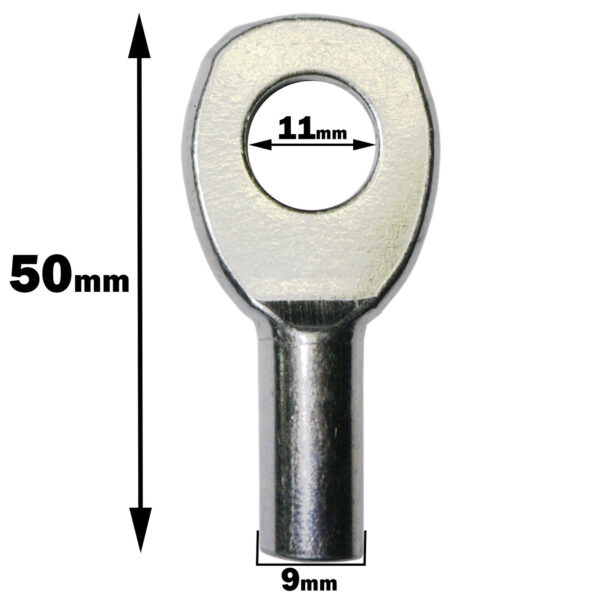 Close-up of the Gym Cable Swage Eyelet, showcasing its oval-shaped top. It measures 50mm in height, with an 11mm hole diameter and a 9mm wide base. The surface is reflective and metallic.