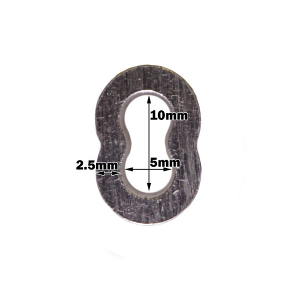 The Nicopress 4mm Ferrule is a metallic oval object with an inner cutout measuring 10mm vertically, 5mm horizontally, and a thickness of 2.5mm, resembling a link or washer.