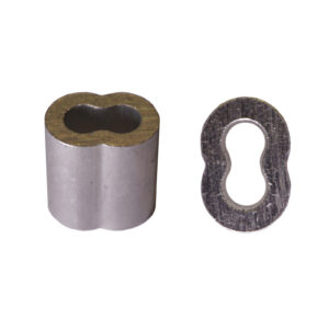 The Nicopress 4mm Ferrule, a silver metal cable clamp with an elongated oval shape, is shown from two angles: one standing upright and another lying flat, revealing its clover-shaped cross-section.