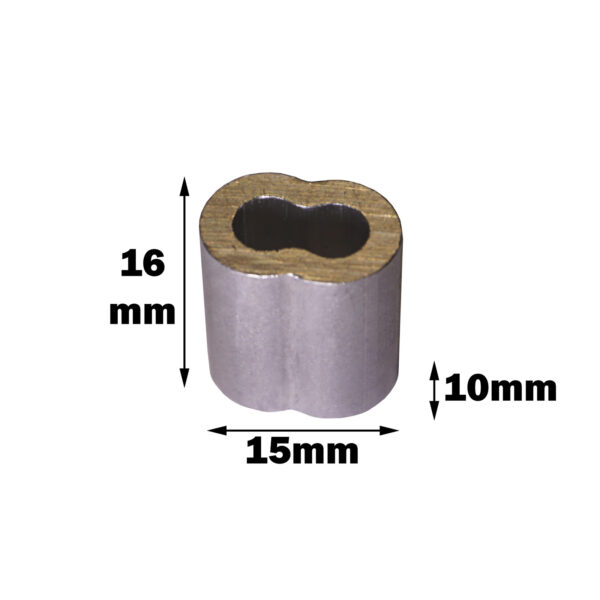 The Nicopress 4mm Ferrule is a metallic oval with a dog-bone-shaped central hole. Its dimensions are 16 mm in height, 15 mm in width, and 10 mm in depth.