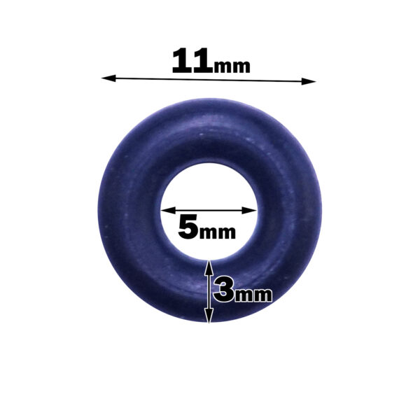 A dark-colored O-ring from Replacement Gym Cable Manufacture has an outer diameter of 11mm, an inner diameter of 5mm, and a thickness of 3mm. Arrows and labels indicate the dimensions.