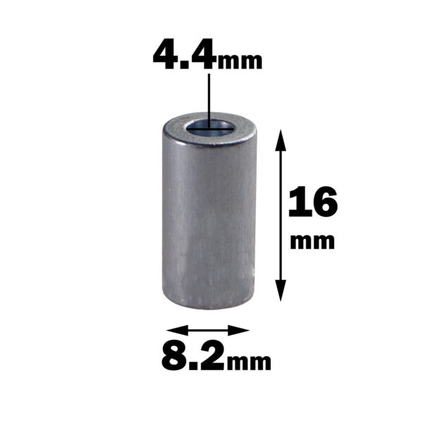 A Replacement Gym Cable Manufacture cylindrical metal spacer features a height of 16 mm, a diameter of 8.2 mm, and an inner hole diameter of 4.4 mm.