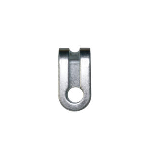 The Gym Cable Swage Eyelet, a metal U-shaped bracket with a central hole, is shown from above against a plain white background. Its shiny, smooth finish reflects light.