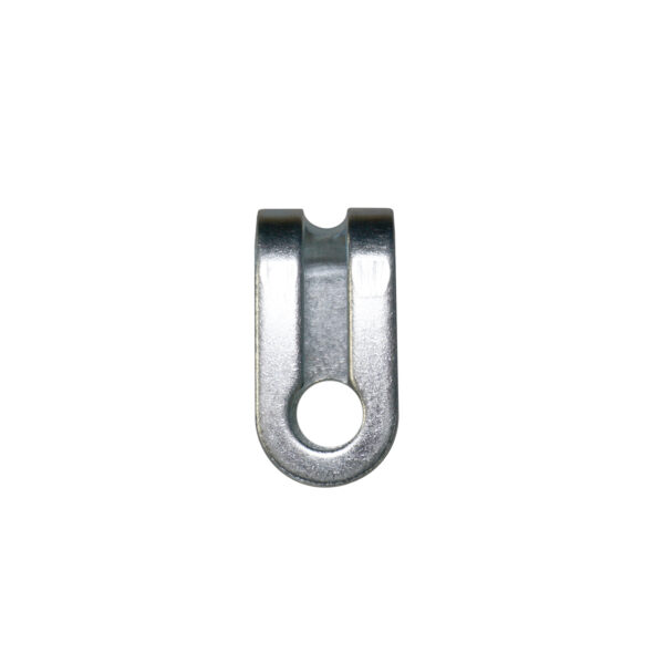The Gym Cable Swage Eyelet, a metal U-shaped bracket with a central hole, is shown from above against a plain white background. Its shiny, smooth finish reflects light.