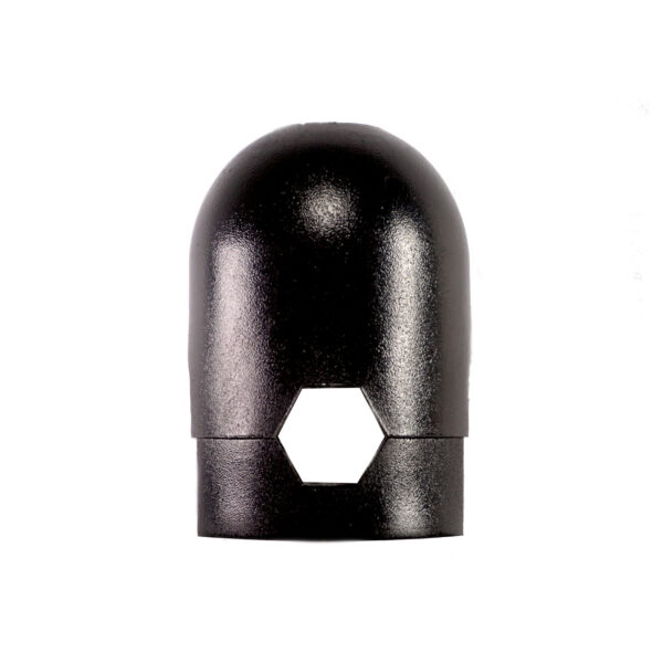 The Gym Cable Swivel End, shown from various angles against a white background, is a black, dome-shaped object featuring a smooth metallic surface and a hexagonal cutout in the center.