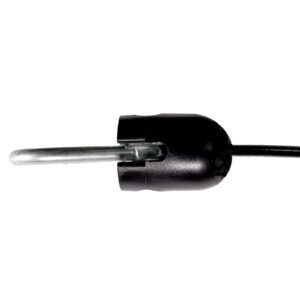 A close-up of the Gym Cable Swage Eyelet, colored in black with a silver feature, facing upwards against a plain white background.