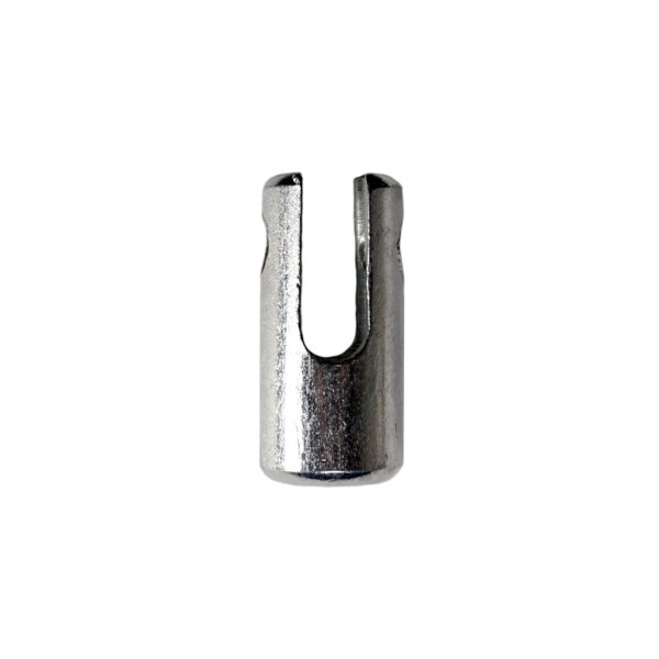 Close-up of the Gym Cable Swivel End, featuring a shiny metal socket with a U-shaped opening on a white background. Its smooth, reflective surface makes it suitable for mechanical or electronic applications.