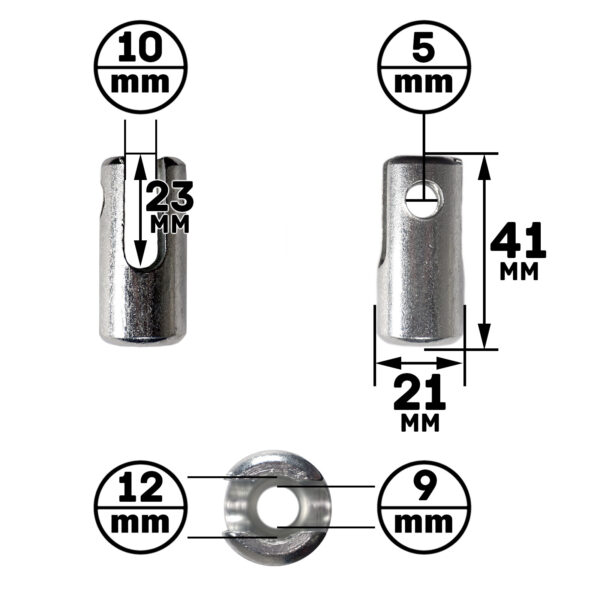 Diagram of the Gym Cable Swivel End: Front view—23mm height, 10mm diameter; Side view—41mm height with a 5mm hole and 21mm width; Bottom view—12mm outer diameter, 9mm inner diameter.