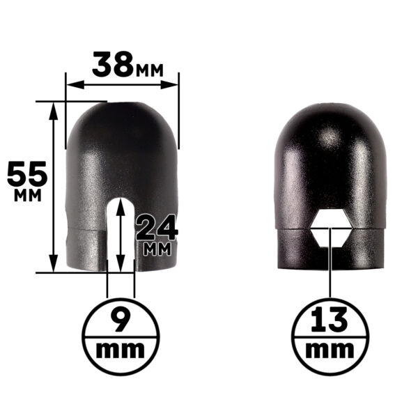 Two Gym Cable Swivel End black lug nut covers are displayed: the left one is 55mm tall, 38mm wide, with a 24mm internal height and a 9mm opening; the right one is 13mm wide. Both feature a domed top.