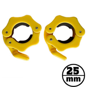 The 25mm Barbell Collars Lock Jaw, in a vivid yellow with a convenient leaflet clamp, is presented with a 25 mm icon on a clean white background.