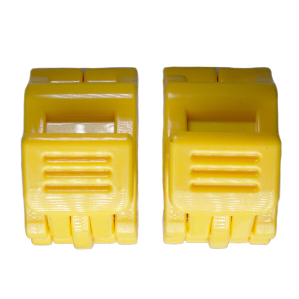 Two yellow Lock Jaw 25mm Barbell Collars with a rectangular shape and ridged grip surfaces are placed side by side against a white background.