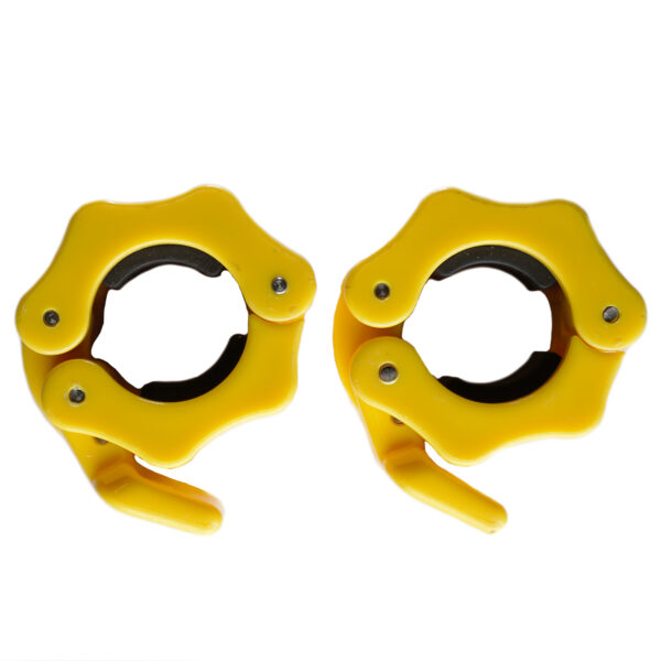 Two 25mm Barbell Collars Lock Jaw, bright yellow and hexagonal, sit against a white background. Ideal for weightlifting or gym enthusiasts, they feature levers for secure fastening onto your barbell.