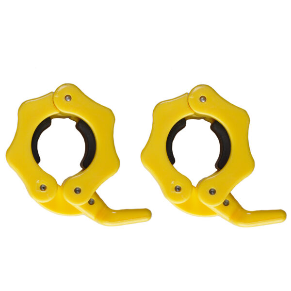 The 25mm Barbell Collars Lock Jaw in yellow, featuring black inner grips and a clamp-like design with lever locks for securing weights on a barbell, are displayed against a white background.