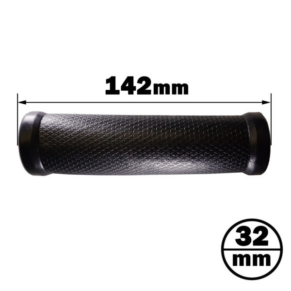 A Handle Grip 32 mm x 142 mm in black with a textured finish is shown on a white background, featuring measurements of 142mm length and 32mm diameter.