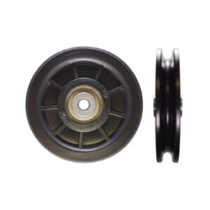 Two views of the 100mm Cable Pulley: a front view highlighting its circular design with a central metal hub, and a side view showcasing its slim profile.