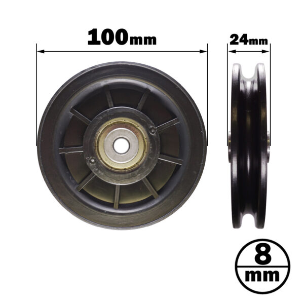 The 100mm Cable Pulley is black, features a 100 mm diameter in the front view, a width of 24 mm in the side view, and includes an inset circle with an 8 mm diameter central hole.
