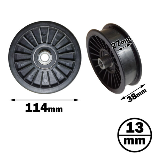 The image features two Belt Pulley 114mm wheels, one facing forward labeled 114mm and another angled, showcasing 27mm and 38mm dimensions. A circle beneath displays 13mm.