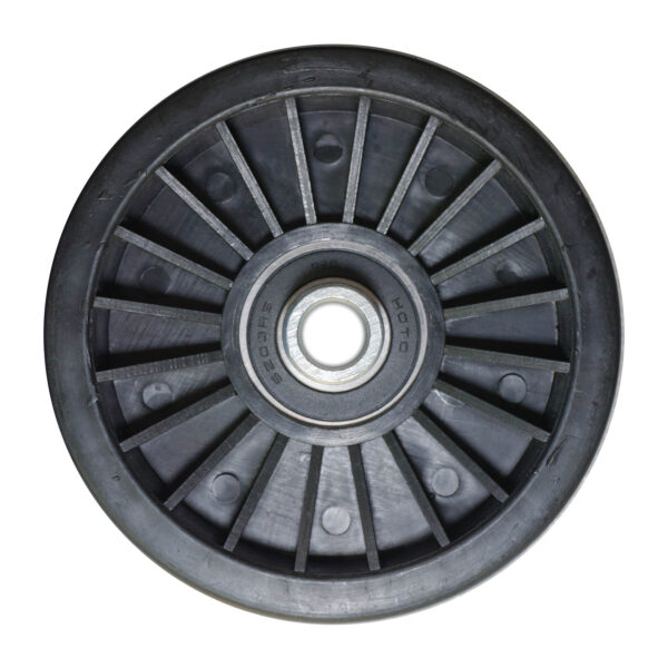 A black Belt Pulley 114mm with a central hub and radiating spokes is viewed from above on a plain white background, featuring industrial markings around the hub.