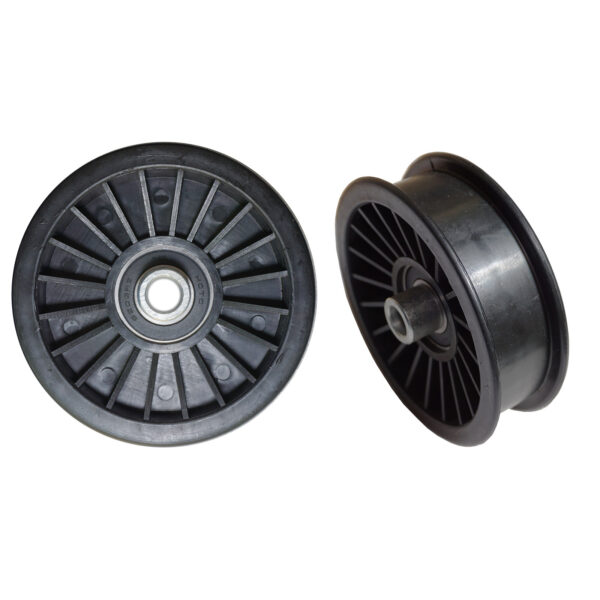 Two Belt Pulley 114mm wheels, made of black plastic, are displayed against a white background. One lies flat to show its circular groove and central metal bearing; the other stands upright, highlighting its beveled edge and intricate spoke design.