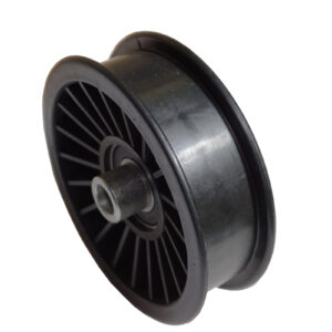 The Belt Pulley 114mm is a black plastic wheel with a central metal bearing and radiating spokes, displayed slightly tilted against a white background.