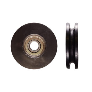 Front and side views of the Cable Pulley 50mm, featuring a black exterior with a central metal bearing, are displayed on a white background.