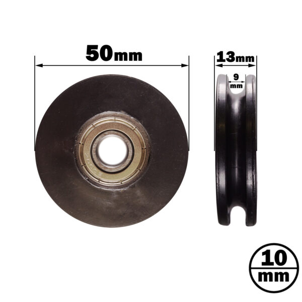 The Cable Pulley 50mm features a front diameter of 50mm, a side width of 13mm, an inner groove of 9mm, and another dimension labeled as 10mm.