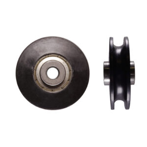 Two views of the Cable Pulley 50mm: one shows the flat front with a central hole, and the other displays a side profile, highlighting its round shape and belt groove. The pulley appears sturdy and industrial.