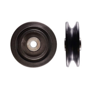 The Cable Pulley 50mm, with a grooved edge, is shown in black metal against a white background. One pulley is viewed from the top revealing a central hole, while the other is viewed from the side.