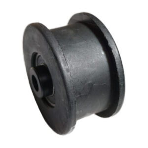 Close-up of the Belt Pulley 114mm, featuring a black rubber cylindrical shape with a central hole. Its slightly matte and textured surface makes it ideal for use in conveyor belts or machinery.