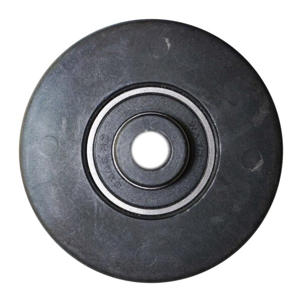 A close-up view of the Belt Pulley 114mm, featuring a black rubber wheel with a central metal bearing. The circular design is crafted for smooth rotation on various surfaces.