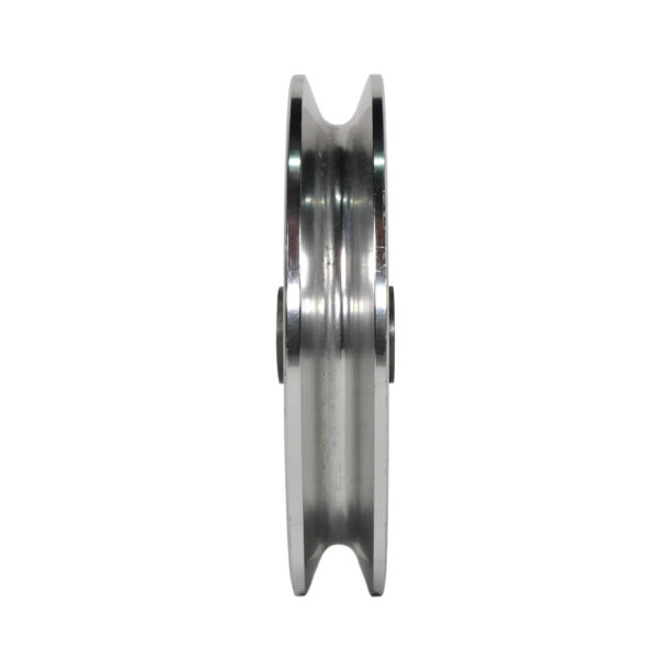 A close-up side view of the 105 mm Aluminium Pulley reveals its shiny metallic finish, central groove, and cylindrical design. The slightly rounded edges highlight its smooth, reflective surface.