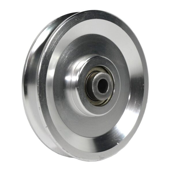 The 105 mm Aluminium Pulley is a metallic wheel with a central bearing, featuring a smooth, reflective surface and a groove around its circumference.