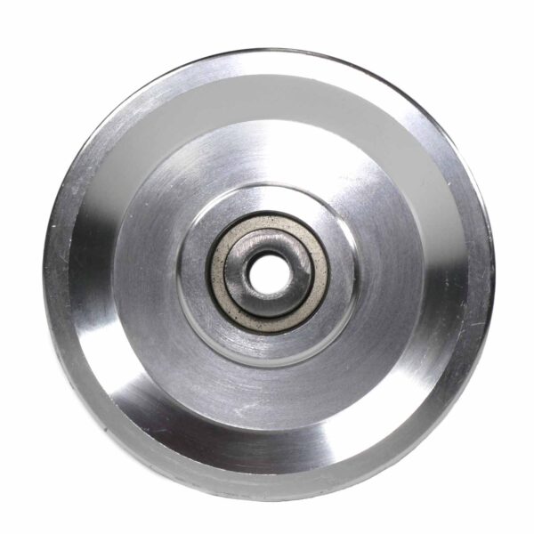 A close-up of the 105 mm Aluminium Pulley shows its smooth, metallic circular surface with a central bearing. The shiny, reflective finish captures light and creates highlights around its circumference.