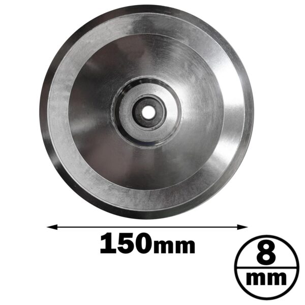 The 150mm Aluminium Pulley is a metallic, circular disc with a central hole, measuring 150mm in diameter and 8mm thick. Its silver surface is polished and reflective.