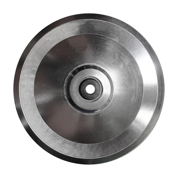 A close-up of a 150mm Aluminium Pulley, metallic with a hole in the center, featuring a smooth, reflective surface and sharp edges, set against a plain white background.