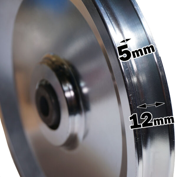 Close-up of the 150mm Aluminium Pulley, with a shiny and reflective metal wheel. The rim is labeled as 5mm thick, and the width is labeled as 12mm.