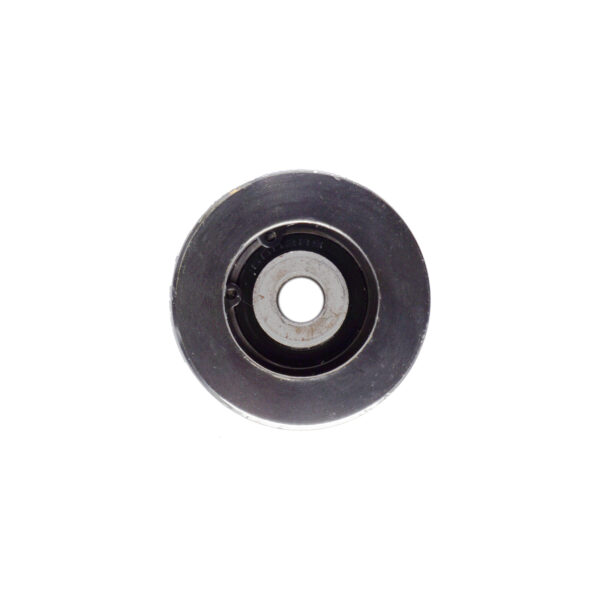 The image shows a close-up of a 54 mm Aluminium Pulley, featuring a circular shape with a central hole and smooth, shiny surface. Its placed against a plain white background.