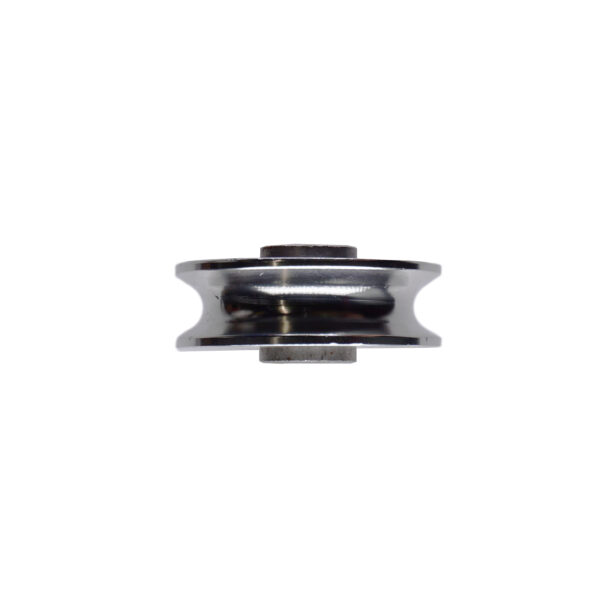 A side view of a smooth, rounded 54 mm Aluminium Pulley with a silver finish, set against a white background.