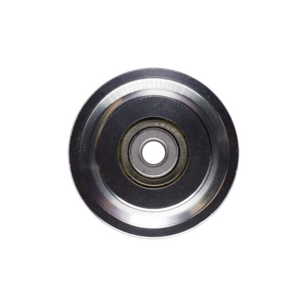 A 70mm Aluminium Pulley, metallic and circular, with a visible inner bearing is displayed against a plain white background.