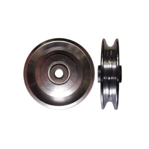 An 80 mm Aluminium Pulley set with one wheel viewed from above, displaying its circular shape and inner holes, and the other viewed from the side, showcasing its grooved edge and shiny metallic surface against a white background.