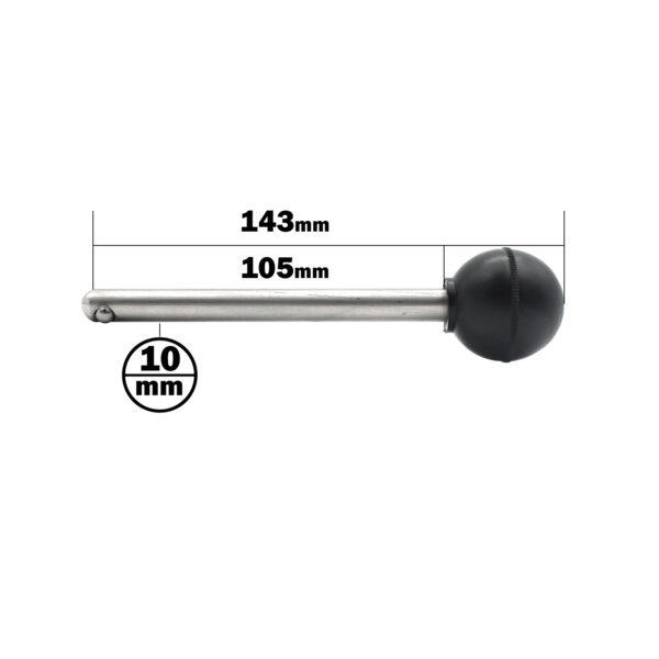 A locking pin named Locking Pin 100mm D10mm features a metal rod with a black spherical handle. The rod measures 143mm in length, including a marked section of 105mm, and the black handle has a diameter of 10mm.