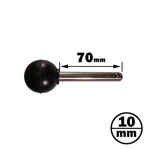 A Locking Pin 70mm D10mm is depicted as a metal lever with a black round knob, measuring 70 mm in length and 10 mm in diameter, as indicated on a circular label in the bottom right corner of the image.