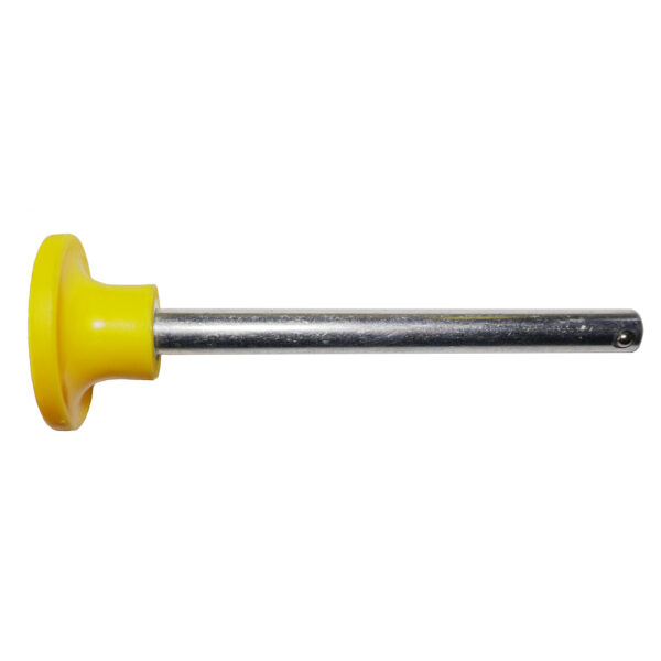 The Locking Pin 130mm D12mm is a metal rod featuring a yellow, circular plastic grip on one end, isolated against a white background.