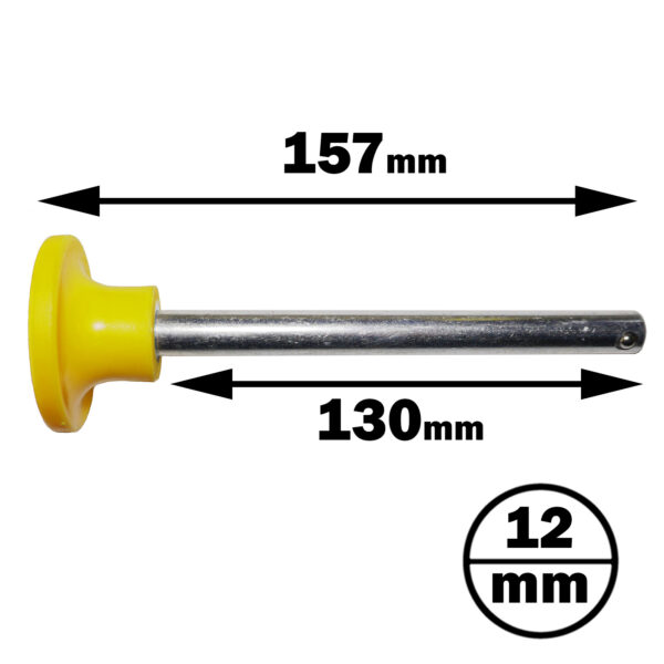 The image displays the Locking Pin 130mm D12mm horizontally, featuring a yellow plastic handle. The rod is 157mm in total length with a metal part of 130mm and a diameter of 12mm. Arrows indicate dimensions.