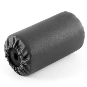 A cylindrical black leather protective cover, likely for the Upholstery Foam Roller 110mm x 190mm, features padding and a gathered end with a central hole. It is set against a plain white background.