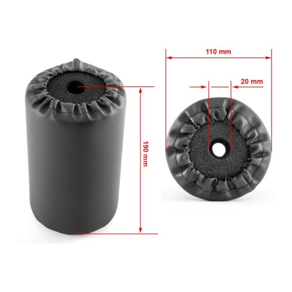 The Upholstery Foam Roller 110mm x 190mm features a black cylindrical design with a height of 190 mm, diameter of 110 mm, and hole diameter of 20 mm. It includes an elastic opening at one end and images depict both side and top views.