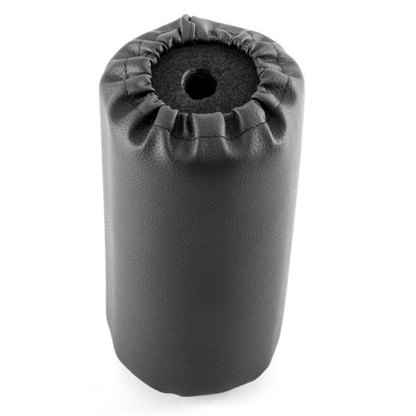 A black, smooth-surfaced Upholstery Foam Roller (110mm x 190mm) with a padded look and gathered top stands upright against a white background, showcasing its cylindrical hollow center.