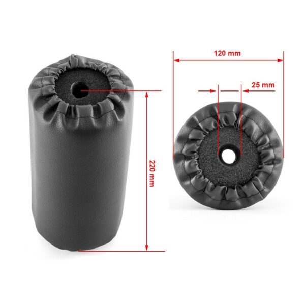 The image shows a black cylindrical foam cover with dimensions of 190 mm height and 110 mm diameter, featuring a central hole. It appears to have a drawstring or elastic edge around the opening. Associated product: Upholstery Foam Roller 110mm x 190mm.
